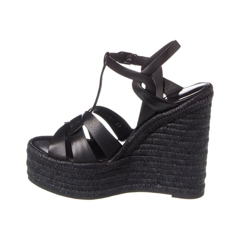 Saint Laurent Tribute 85 Leather Espadrille Wedge Sandal, Black - Picture 2 of 5